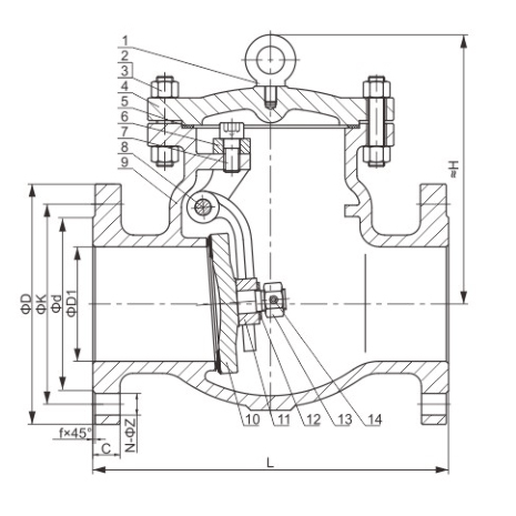ANSI Class300LB美标旋启式法兰止回阀结构尺寸图 ANSI Class300LB美标旋启式法兰止回阀结构尺寸图